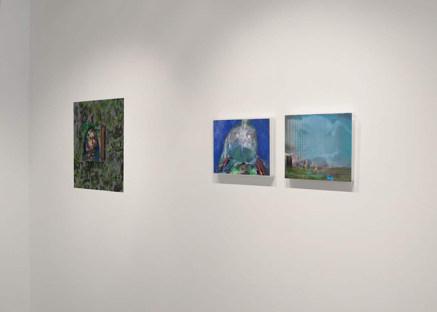 Alex Fischer, LEFT: Myrrha, 2011.  RIGHT: Kind of Blue, 2011. FAR RIGHT: Aurora, 2011. Install photo Beyond The Fall, Galerie BAC